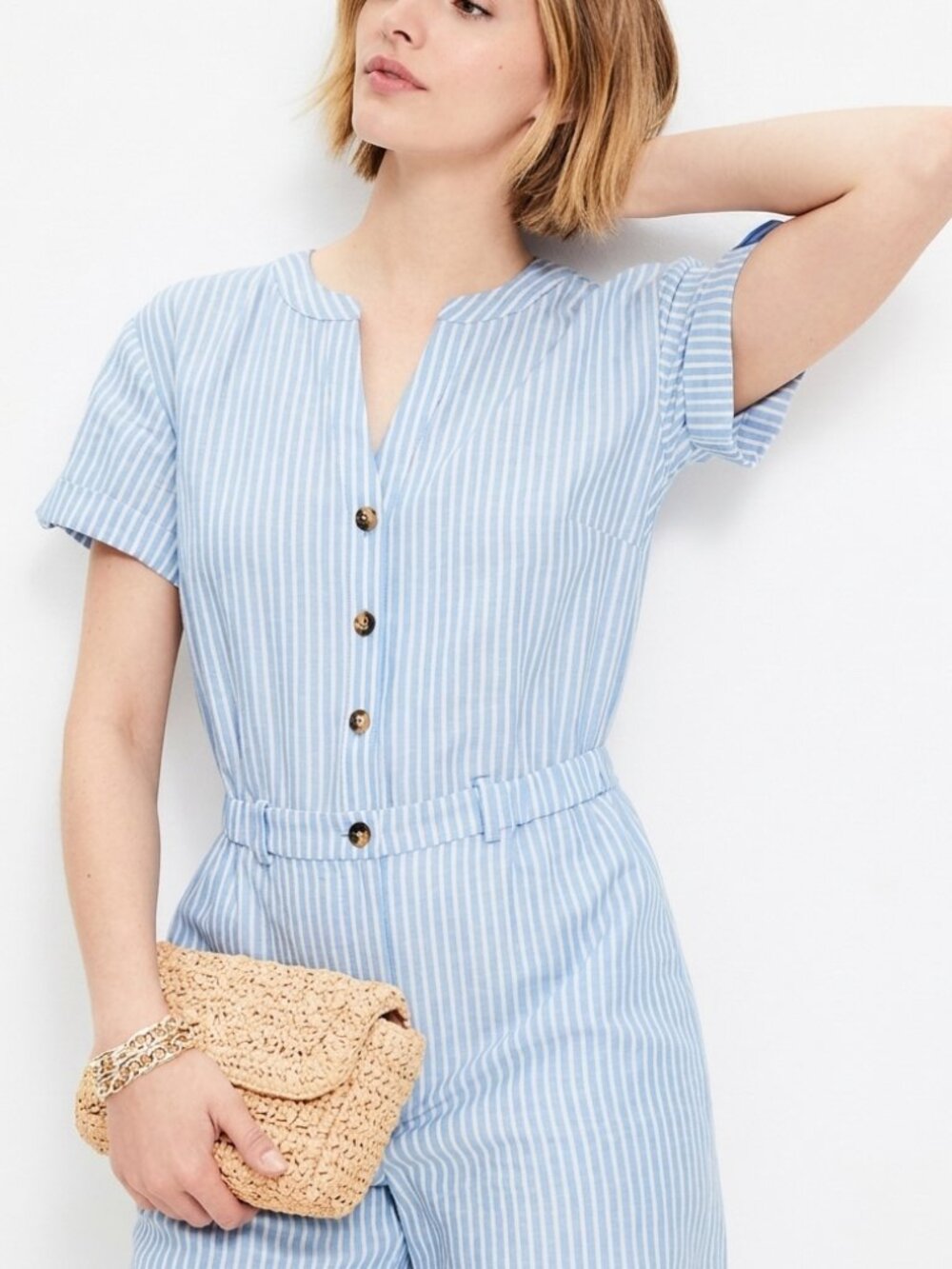 LOFT Romper Linen Cotton Blue White Striped Button Front Petite Size 10P